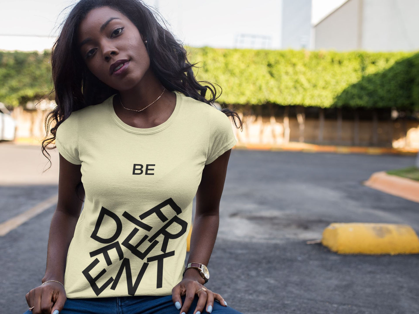 Be Different Yellow and Black Tumbled Letters T-Shirt